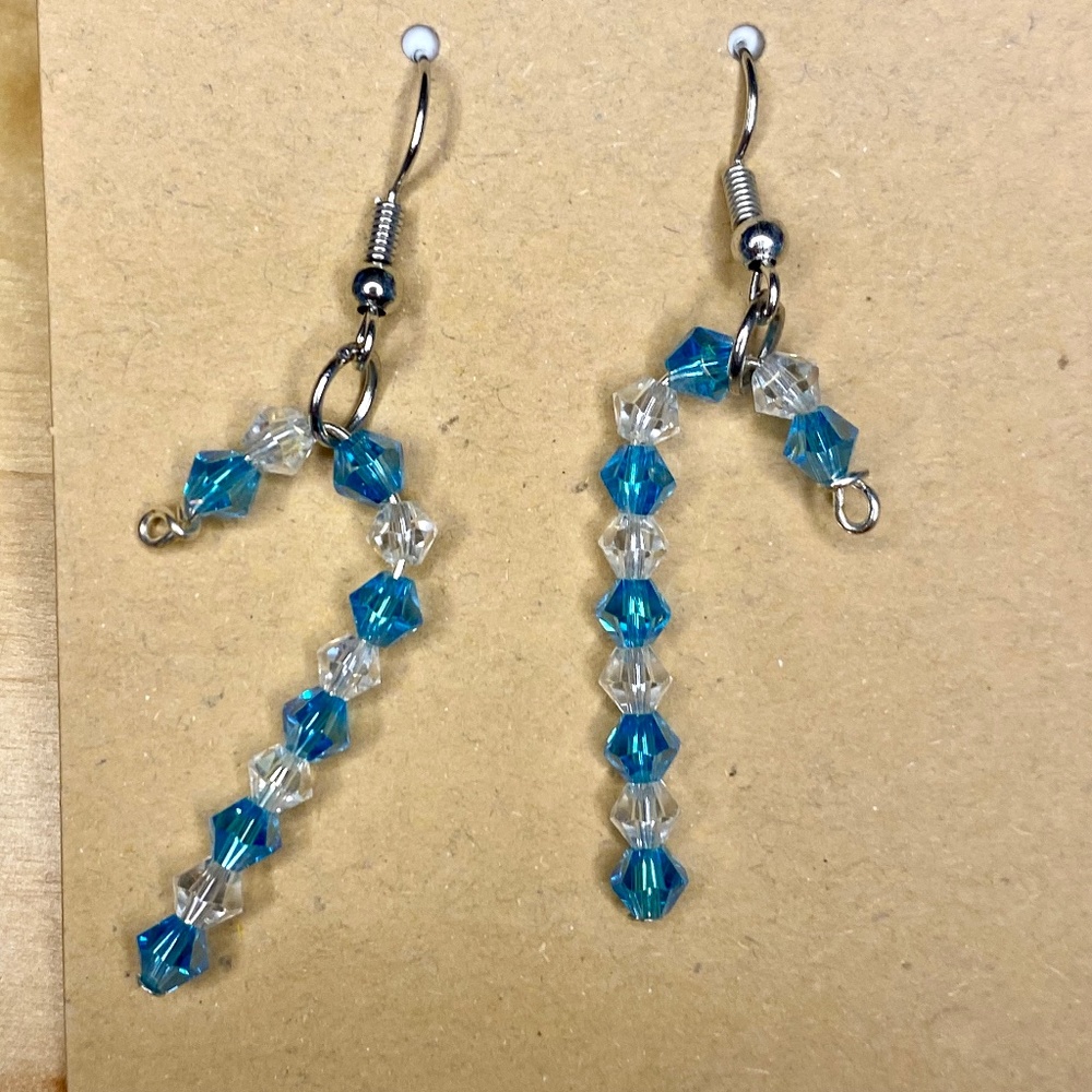 Blue & Clear Crystal Candy Cane Earrings